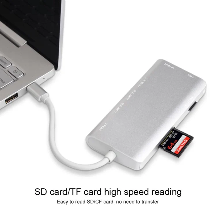 9591C 8 In 1 USB 3.0 x3 + SD / TF Card + HDMI + RJ45 + Type-C / USB-C (PD) Multi-function HUB Converter Dock Station(Silver) - Image 5