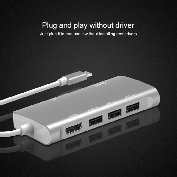9591C 8 In 1 USB 3.0 x3 + SD / TF Card + HDMI + RJ45 + Type-C / USB-C (PD) Multi-function HUB Converter Dock Station(Silver) - Image 9