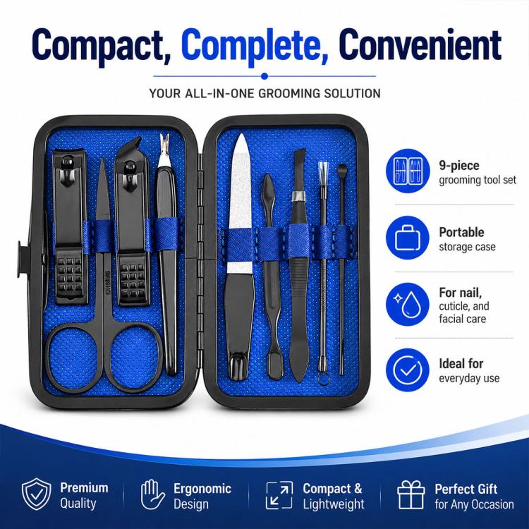 9pcs/Set Portable Stainless Steel Nail Clipper Manicure Tool Set(Black Blue) - Image 10