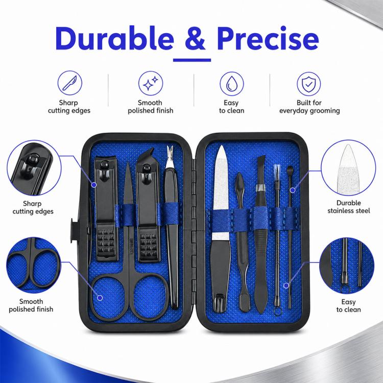 9pcs/Set Portable Stainless Steel Nail Clipper Manicure Tool Set(Black Blue) - Image 3