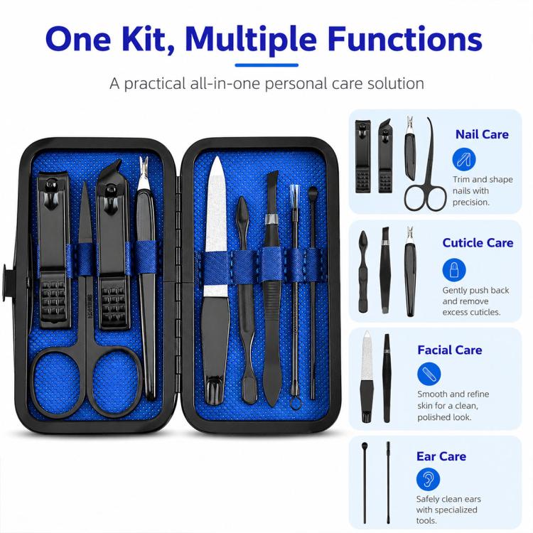 9pcs/Set Portable Stainless Steel Nail Clipper Manicure Tool Set(Black Blue) - Image 4