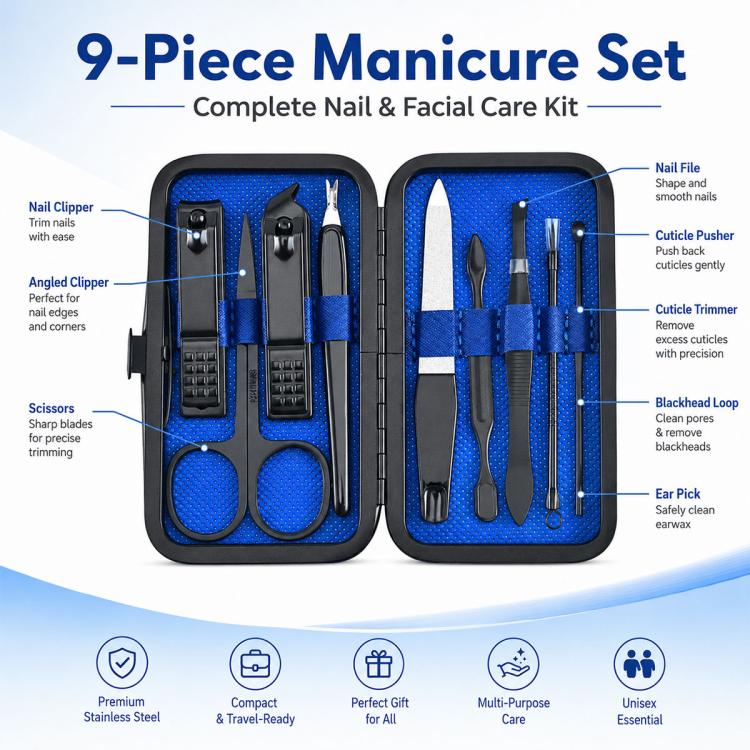 9pcs/Set Portable Stainless Steel Nail Clipper Manicure Tool Set(Black Blue) - Image 5