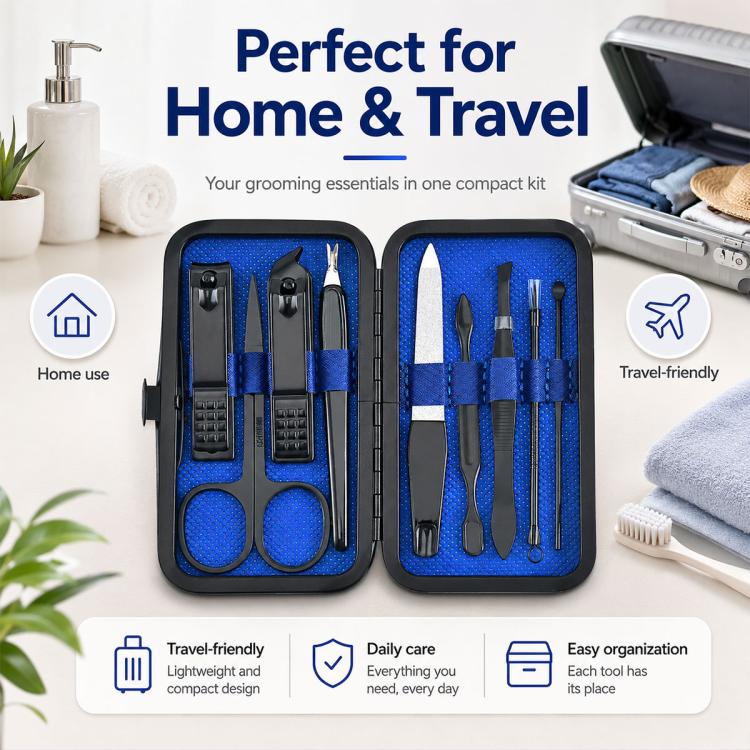 9pcs/Set Portable Stainless Steel Nail Clipper Manicure Tool Set(Black Blue) - Image 6