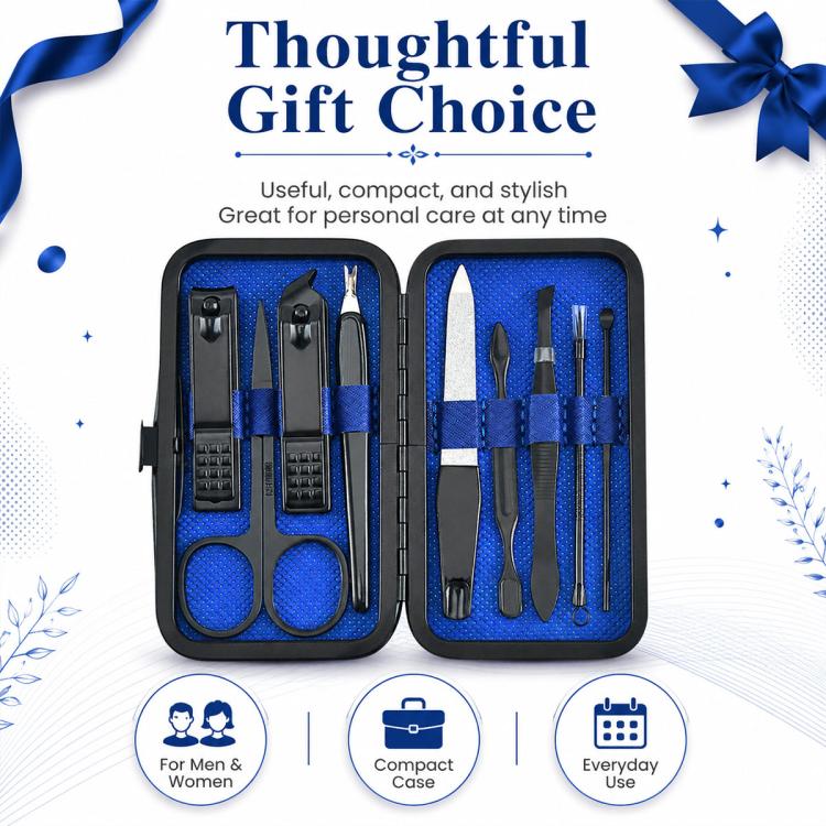 9pcs/Set Portable Stainless Steel Nail Clipper Manicure Tool Set(Black Blue) - Image 7