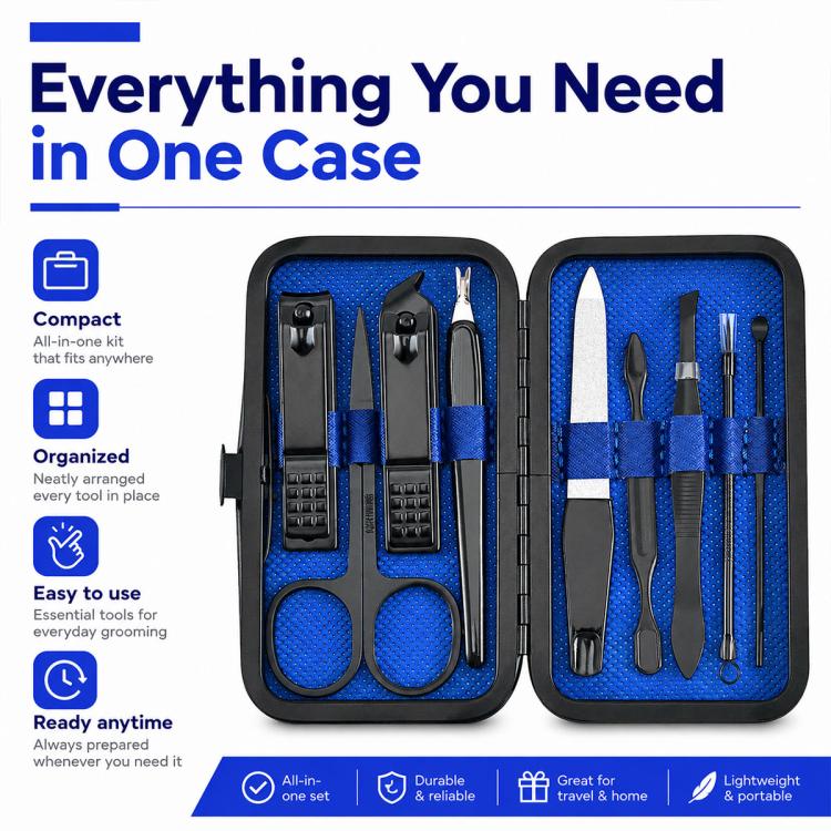 9pcs/Set Portable Stainless Steel Nail Clipper Manicure Tool Set(Black Blue) - Image 8