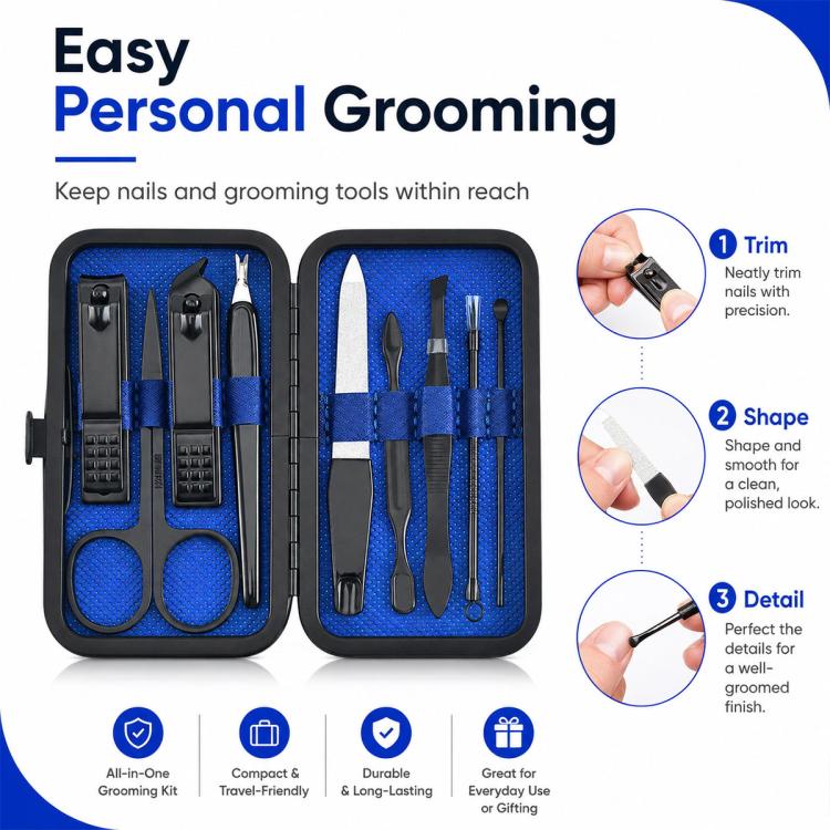 9pcs/Set Portable Stainless Steel Nail Clipper Manicure Tool Set(Black Blue) - Image 9