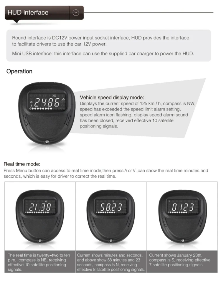 A1 2.0 inch Car GPS HUD Head Up Display Vehicle-mounted Security System, Support Speed & Real Time & Altitude & Over Speed Alarm & Compass & MPH & Auto Sleeping & KM & Satellite Signal - Image 15