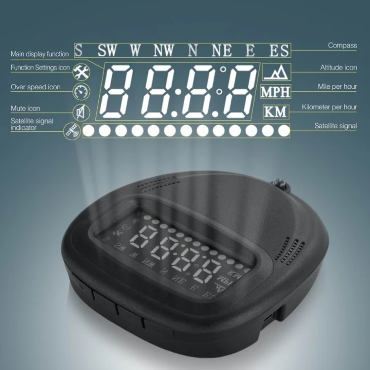 A1 2.0 inch Car GPS HUD Head Up Display Vehicle-mounted Security System, Support Speed & Real Time & Altitude & Over Speed Alarm & Compass & MPH & Auto Sleeping & KM & Satellite Signal - Image 9