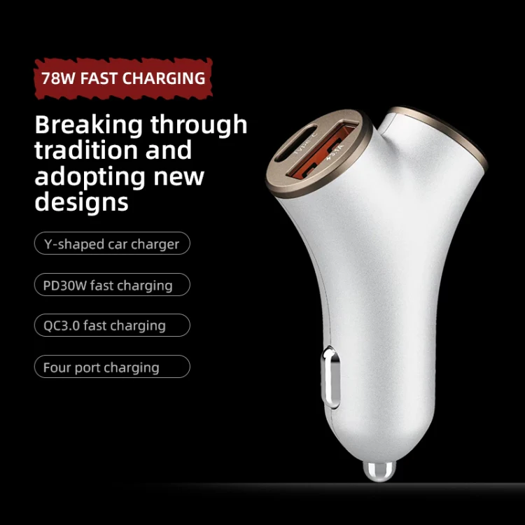 A2 2 USB + 2 Type-C Phone Fast Charging Power Adapter 78W Y-Shaped Car Charger(Black) - Image 10