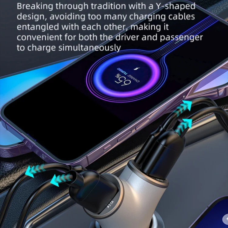 A2 2 USB + 2 Type-C Phone Fast Charging Power Adapter 78W Y-Shaped Car Charger(Black) - Image 3