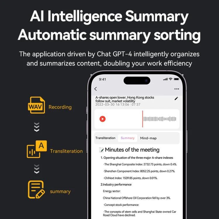 A3 Dual-key Arc-Frame Twill Texture Ultra-thin AI Smart Voice Recorder Support AIREC-APP, Memory:32GB(Black) - Image 5
