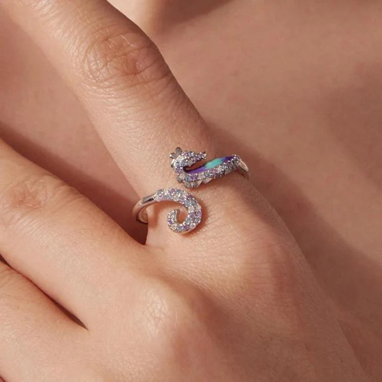 Adjustable Copper-Plated White Gold Dreamy Seahorse Opening Ring(YIR305-E) - Image 5
