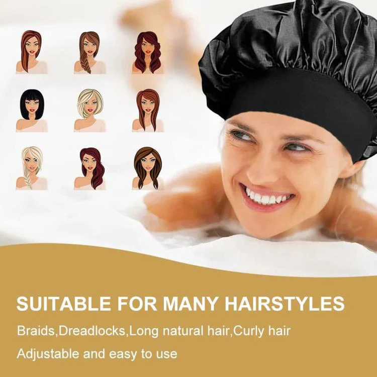 Adjustable Women Shower Cap Wide Brim Sleep Cap For Chemotherapy Hair Care(Rose Pink) - Image 5