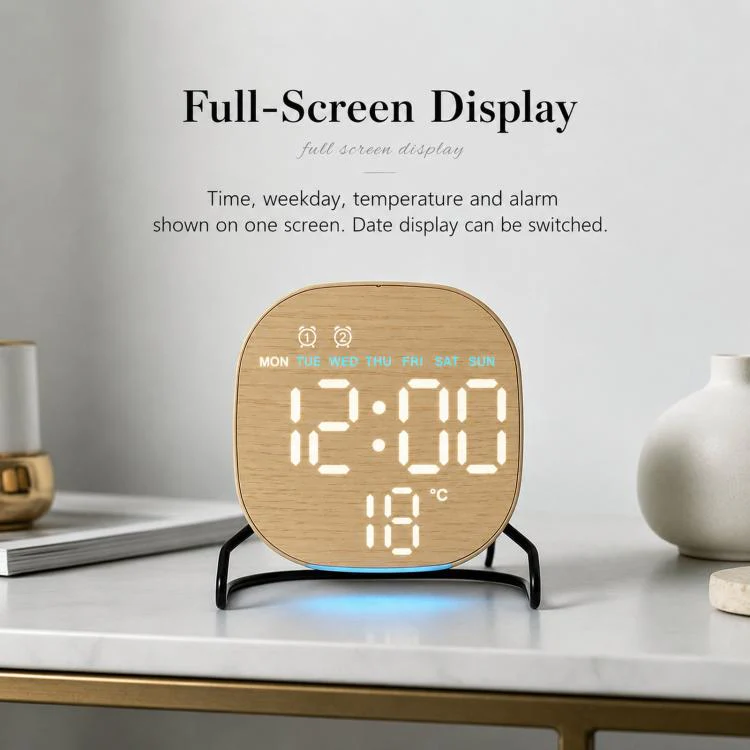 Aesthetic LED Digital Desk Clock Bedside Alarm Clock With Bottom Ambient Light, Countdown Timer, Date And Temperature(2815 Circular Fabric Texture) - Image 2