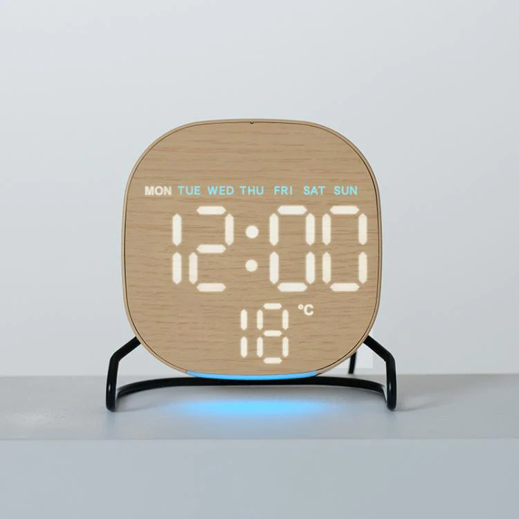 Aesthetic LED Digital Desk Clock Bedside Alarm Clock With Bottom Ambient Light, Countdown Timer, Date And Temperature(2816 Square Wood Grain)