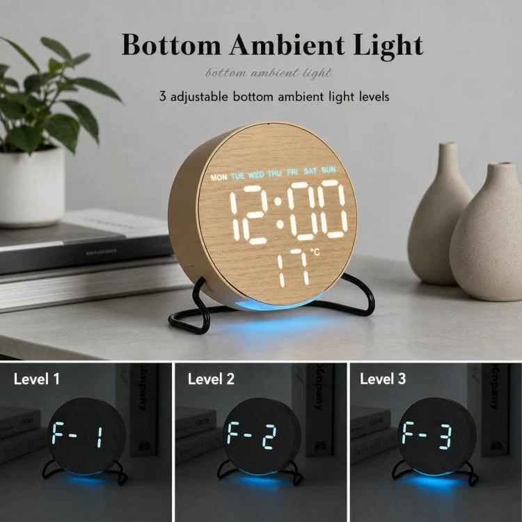Aesthetic LED Digital Desk Clock Bedside Alarm Clock With Bottom Ambient Light, Countdown Timer, Date And Temperature(2816 Square Wood Grain) - Image 4