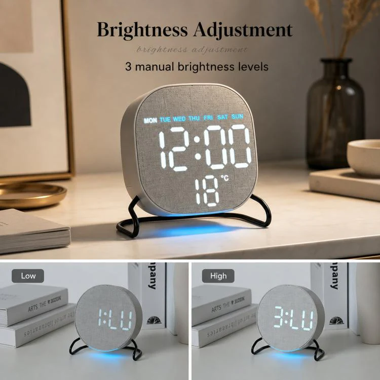 Aesthetic LED Digital Desk Clock Bedside Alarm Clock With Bottom Ambient Light, Countdown Timer, Date And Temperature(2816 Square Wood Grain) - Image 5