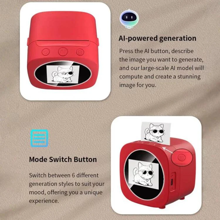 AI Thermal Printer With Voice-To-Image Generation 6 Creative Modes & 2.4-Inch HD Screen For Kids(Red) - Image 4