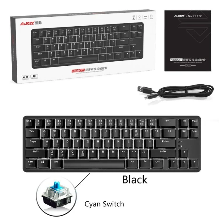 Ajazz K680T Mini USB Wired Dual-mode Charging 68-keys Laptop Bluetooth Mechanical Keyboard, Cable Length: 1.6m, Style:Green Shaft(Black) - Image 6