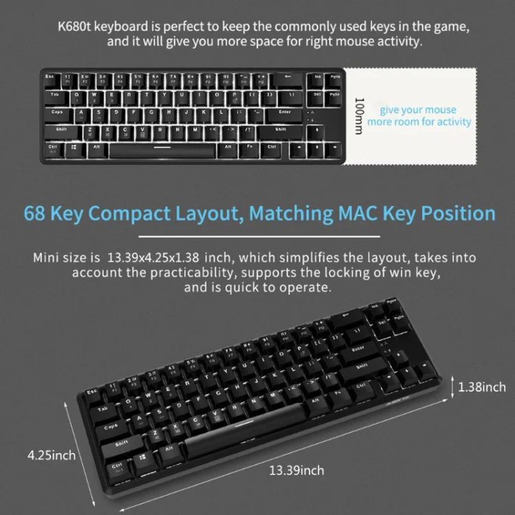Ajazz K680T Mini USB Wired Dual-mode Charging 68-keys Laptop Bluetooth Mechanical Keyboard, Cable Length: 1.6m, Style:Green Shaft(Black) - Image 7