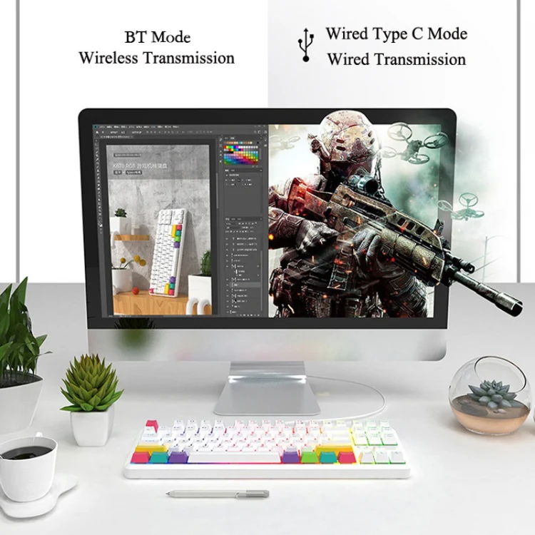 Ajazz K870T 87-Key Hot Swap Bluetooth/Wired Dual Mode RGB Backlight Office Game Mechanical Keyboard Green Shaft (White) - Image 12
