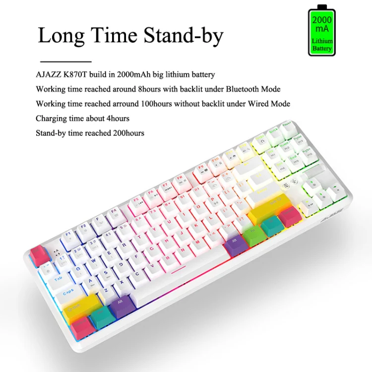 Ajazz K870T 87-Key Hot Swap Bluetooth/Wired Dual Mode RGB Backlight Office Game Mechanical Keyboard Green Shaft (White) - Image 3