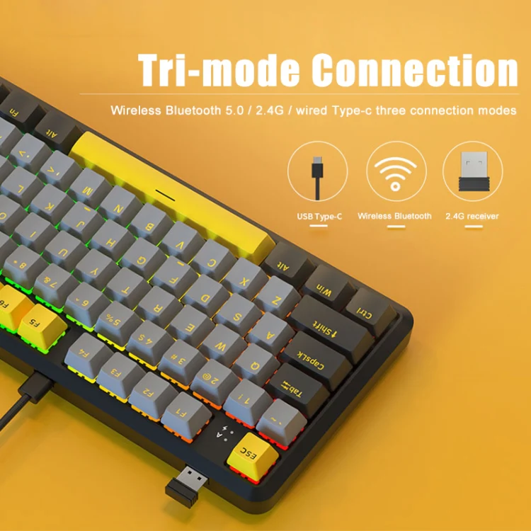 Ajazz K870T Pro 87 Keys Three Mode Wireless/Bluetooth/Wired Pluggable RGB Mechanical Keyboard Red Shaft (Black) - Image 3