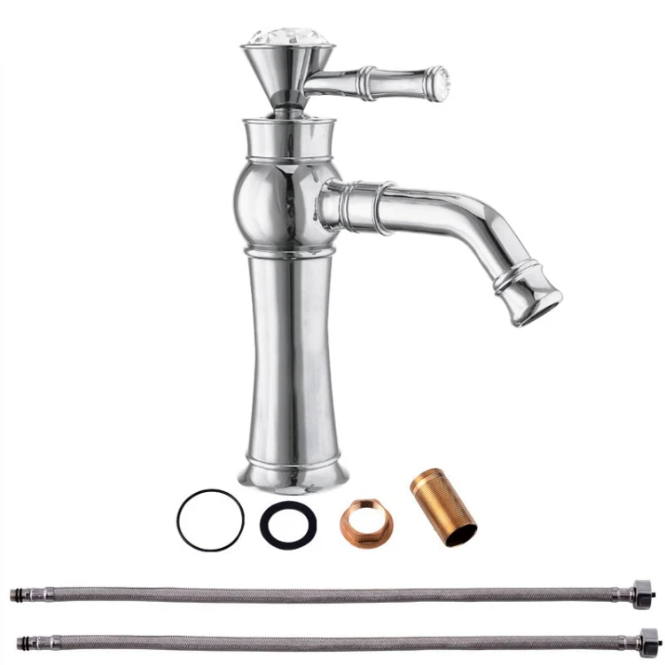 All Bronze Bathroom Basin Hot And Cold Water Faucet, Style: Electroplated Short Model+Water Inlet Pipe - Image 2