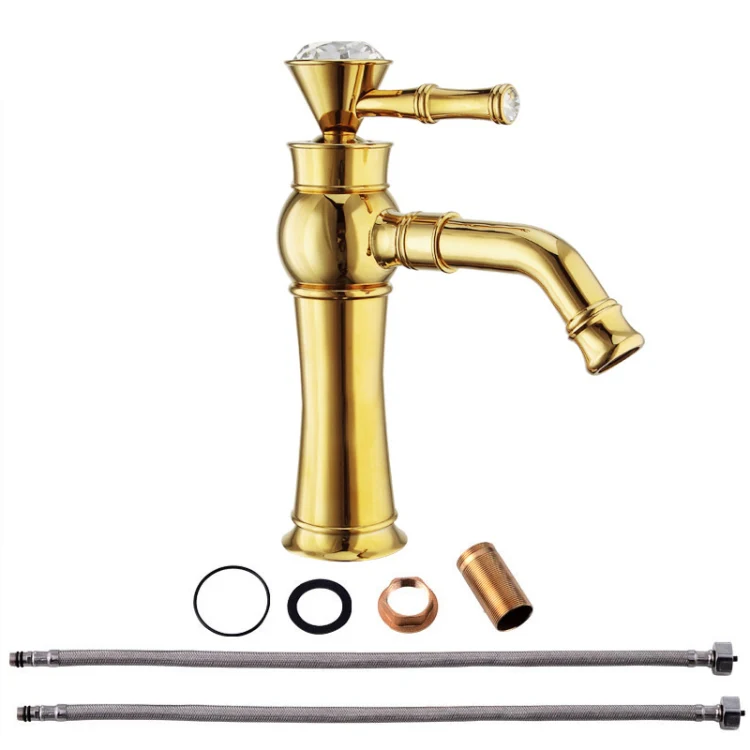 All Bronze Bathroom Basin Hot And Cold Water Faucet, Style: Gold Short Model+Water Inlet Pipe - Image 2