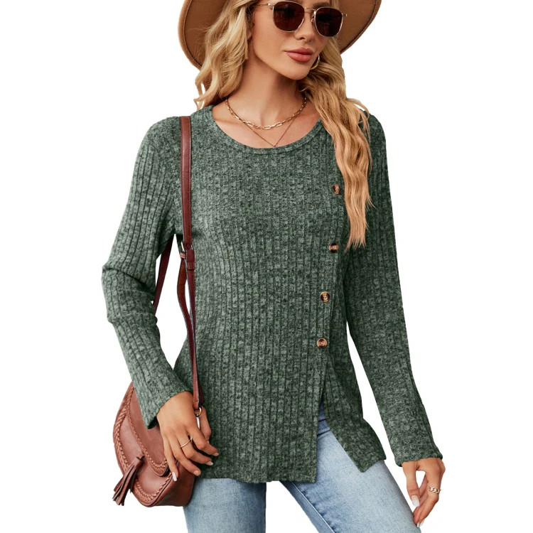 Autumn And Winter Round Neck Button Split Loose Long-Sleeved T-Shirt Top, Size: L(Green)