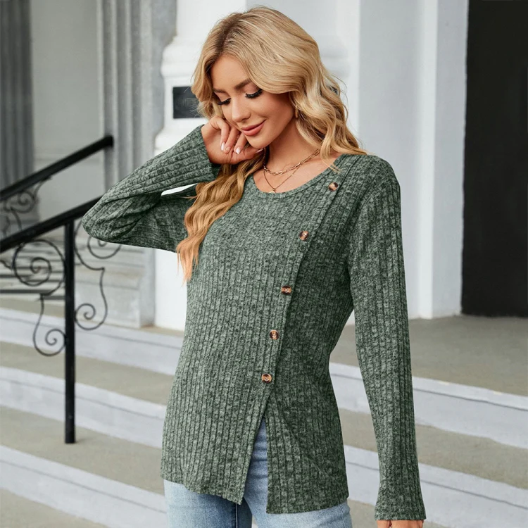 Autumn And Winter Round Neck Button Split Loose Long-Sleeved T-Shirt Top, Size: L(Green) - Image 4