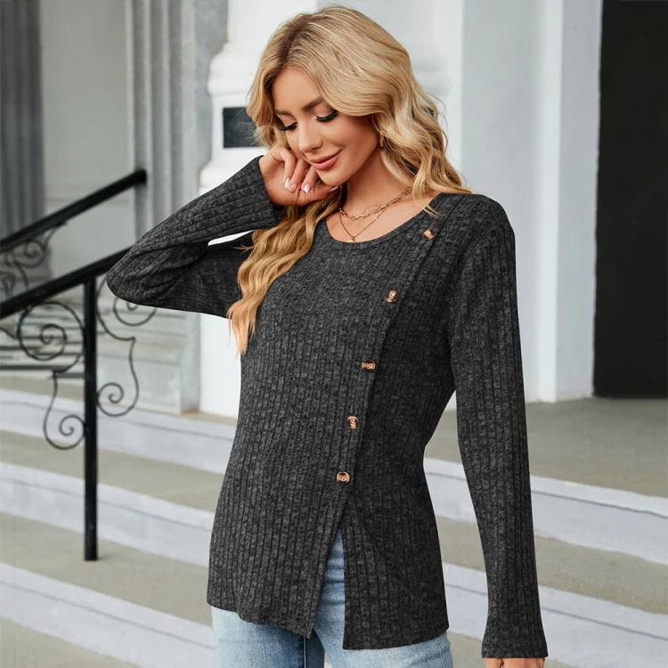 Autumn And Winter Round Neck Button Split Loose Long-Sleeved T-Shirt Top, Size: M(Black) - Image 4