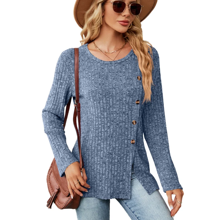 Autumn And Winter Round Neck Button Split Loose Long-Sleeved T-Shirt Top, Size: M(Blue)