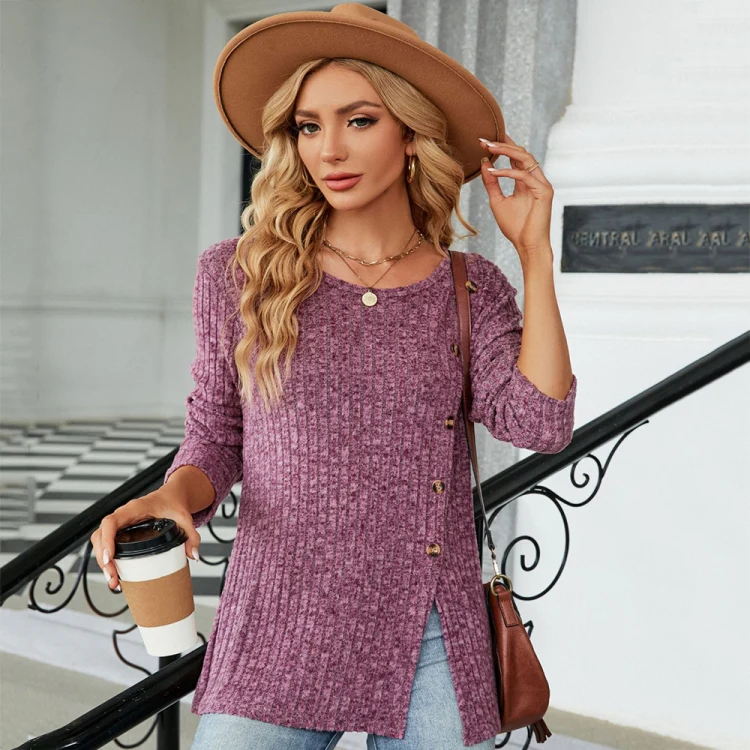 Autumn And Winter Round Neck Button Split Loose Long-Sleeved T-Shirt Top, Size: M(Purple Red) - Image 3