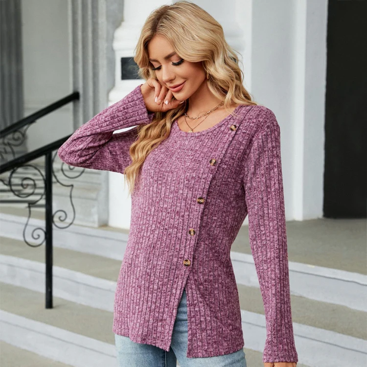 Autumn And Winter Round Neck Button Split Loose Long-Sleeved T-Shirt Top, Size: M(Purple Red) - Image 4