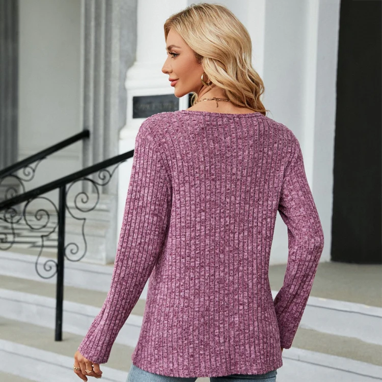 Autumn And Winter Round Neck Button Split Loose Long-Sleeved T-Shirt Top, Size: M(Purple Red) - Image 5