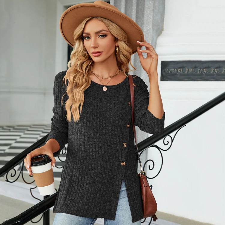 Autumn And Winter Round Neck Button Split Loose Long-Sleeved T-Shirt Top, Size: S(Black) - Image 3