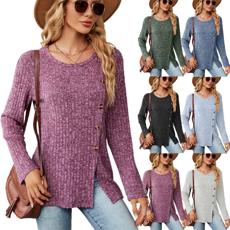 Autumn And Winter Round Neck Button Split Loose Long-Sleeved T-Shirt Top, Size: XL(Green) - Image 6