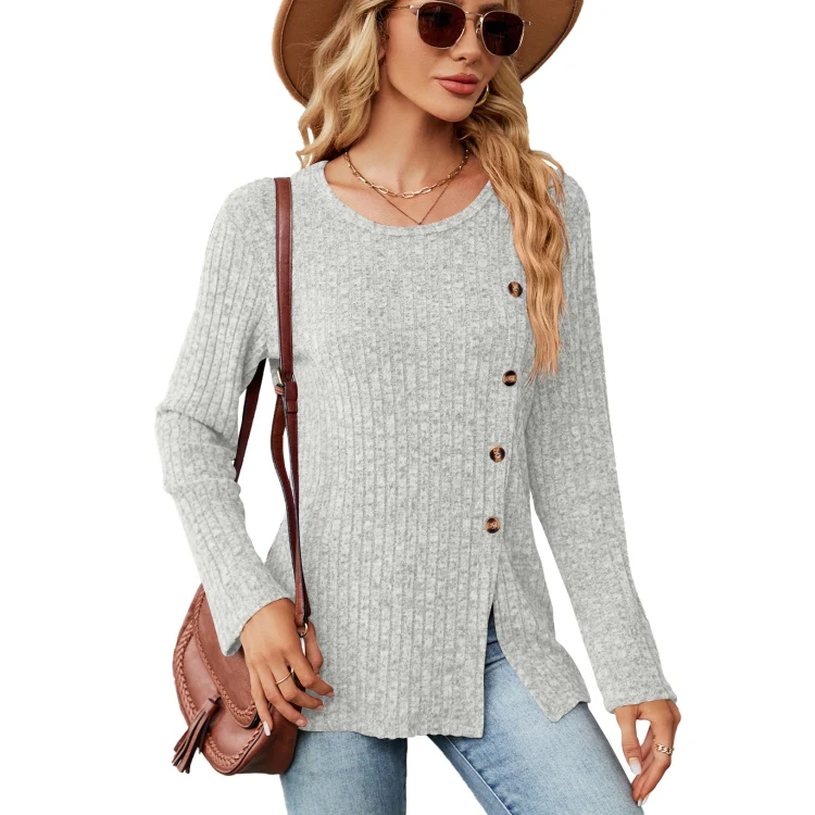 Autumn And Winter Round Neck Button Split Loose Long-Sleeved T-Shirt Top, Size: XXL(Light Grey)