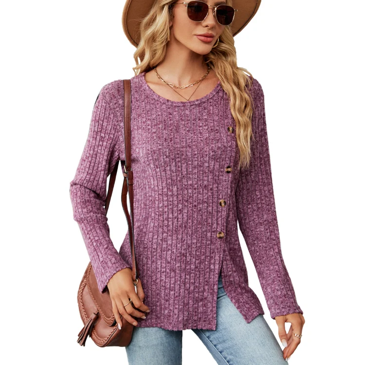 Autumn And Winter Round Neck Button Split Loose Long-Sleeved T-Shirt Top, Size: XXL(Purple Red)