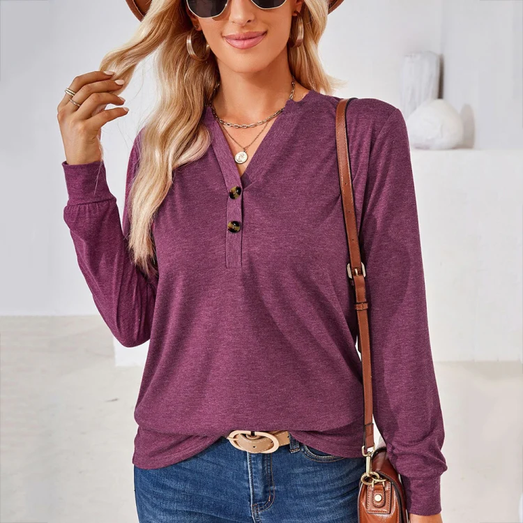 Autumn and Winter Solid Color V-neck Button Loose Long-sleeved T-shirt Top, Size: L(Claret) - Image 2
