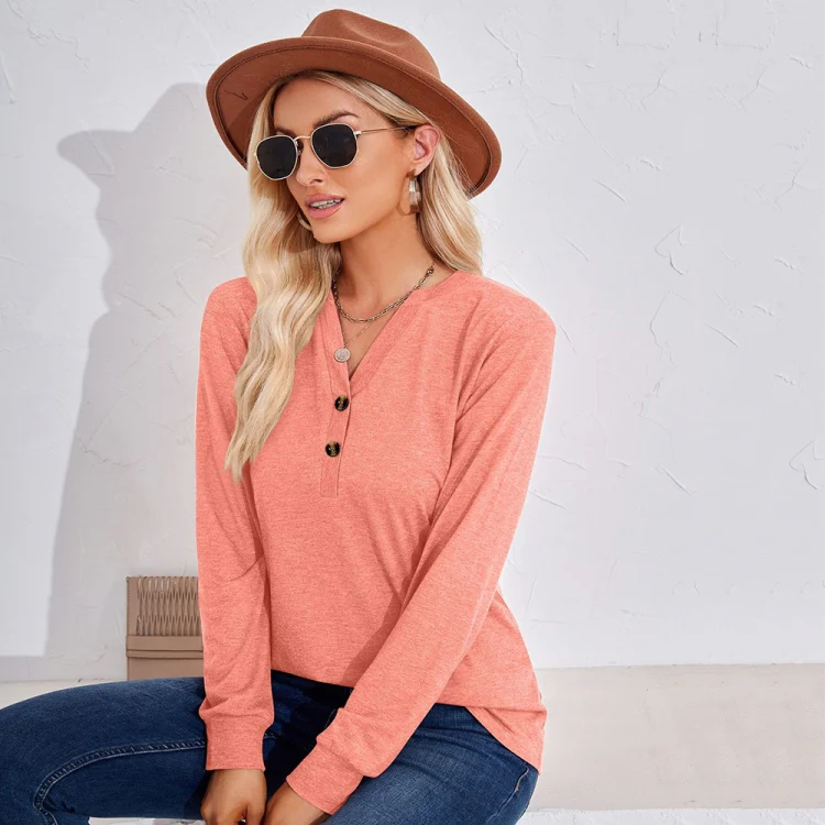 Autumn and Winter Solid Color V-neck Button Loose Long-sleeved T-shirt Top, Size: M(Pink) - Image 3