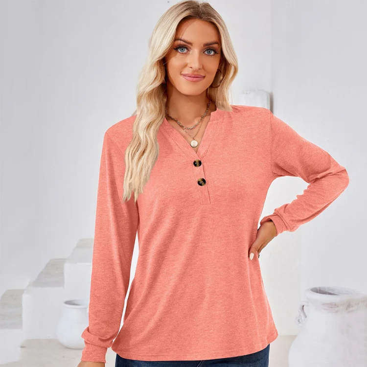 Autumn and Winter Solid Color V-neck Button Loose Long-sleeved T-shirt Top, Size: M(Pink) - Image 4