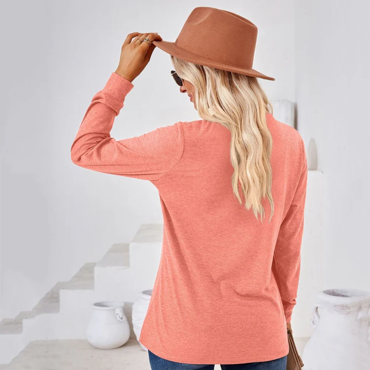 Autumn and Winter Solid Color V-neck Button Loose Long-sleeved T-shirt Top, Size: M(Pink) - Image 5