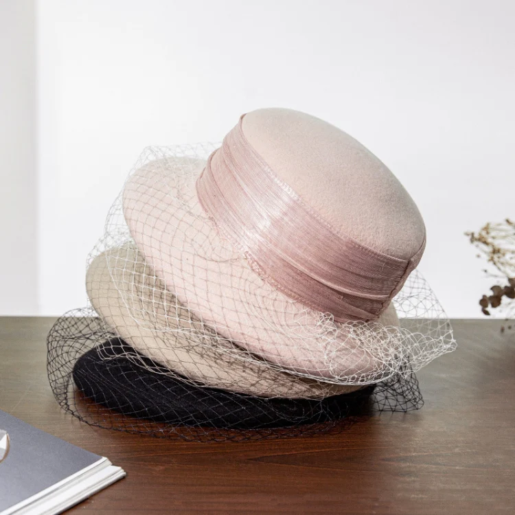 Autumn And Winter Wool Felt Beret Round Top Mesh Decorative Hat, Color: Black - Image 2