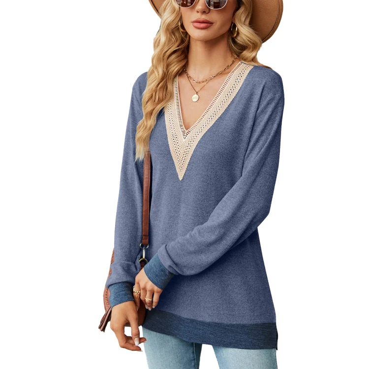 Autumn Winter Hollow Lace V-neck Color-blocked Split Loose Long-sleeved T-shirt, Size: M(Colorful Blue)