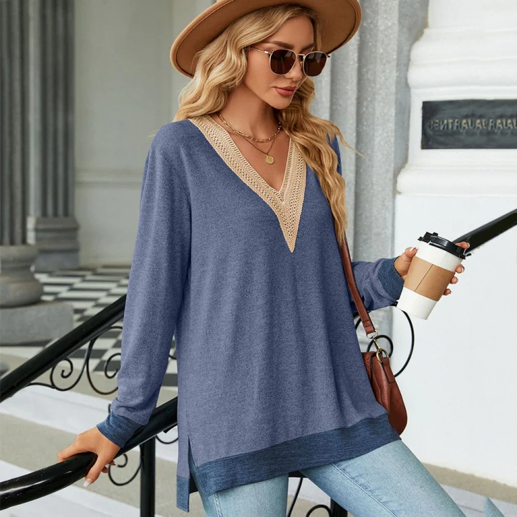 Autumn Winter Hollow Lace V-neck Color-blocked Split Loose Long-sleeved T-shirt, Size: M(Colorful Blue) - Image 3