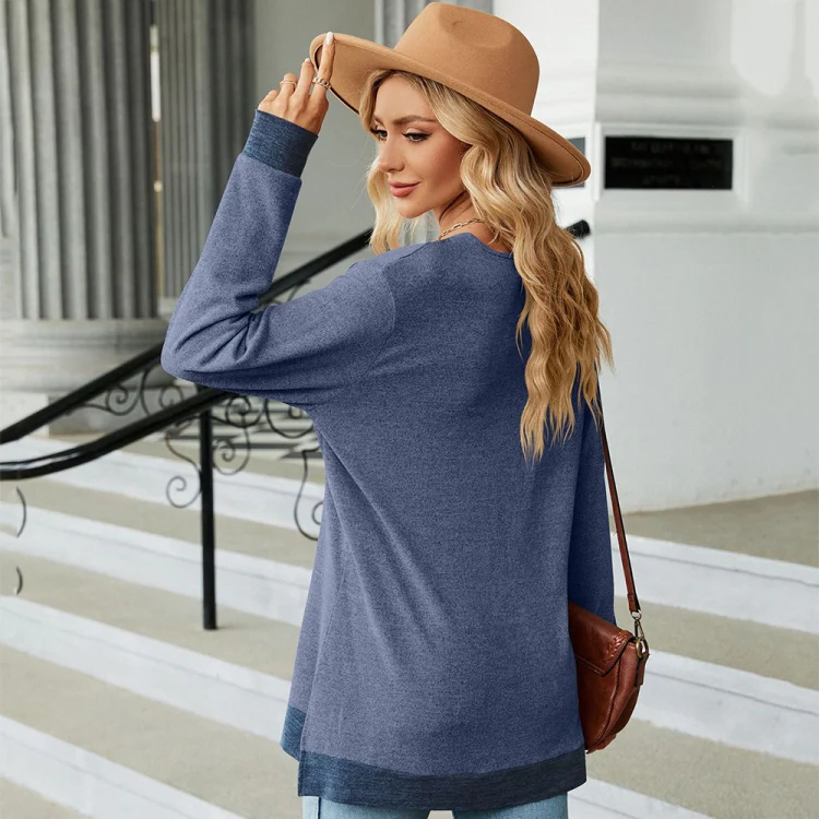 Autumn Winter Hollow Lace V-neck Color-blocked Split Loose Long-sleeved T-shirt, Size: M(Colorful Blue) - Image 5