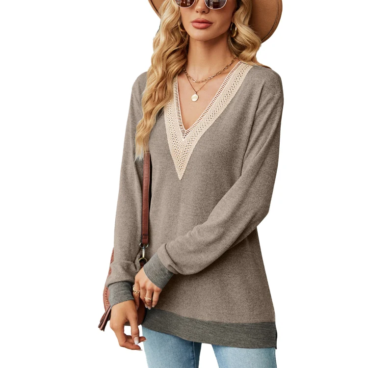 Autumn Winter Hollow Lace V-neck Color-blocked Split Loose Long-sleeved T-shirt, Size: S(Coffee)
