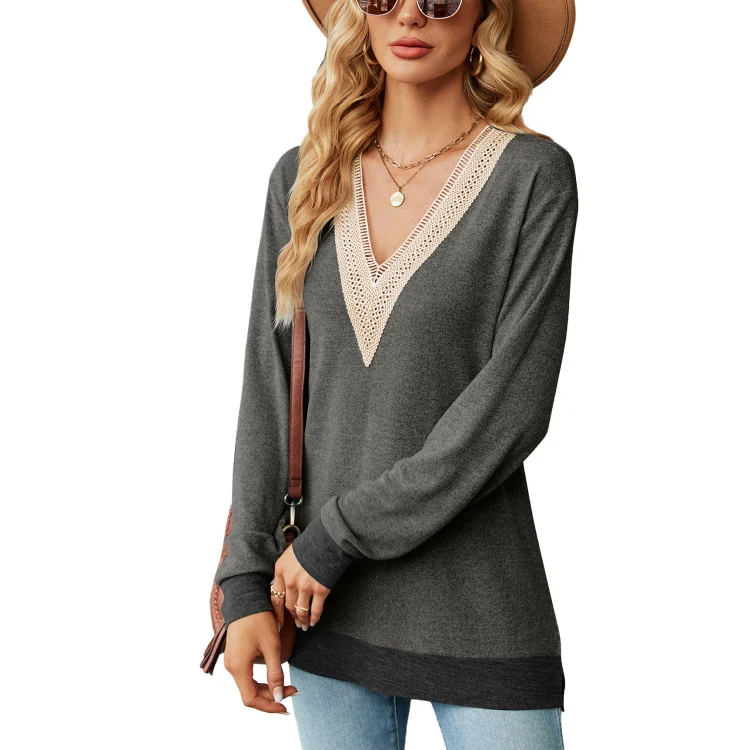 Autumn Winter Hollow Lace V-neck Color-blocked Split Loose Long-sleeved T-shirt, Size: XXL(Dark Gray)